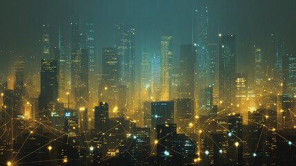 Fototapeta premium Night lights, a city of modern business and smart digital innovation with a network of interconnected rewards over the cityscape of the future smart wireless digital city and social media network 