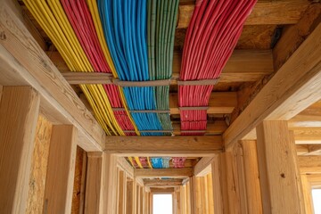 Colorful electrical wiring bundles installed along wooden ceiling joists in a new building construction.
