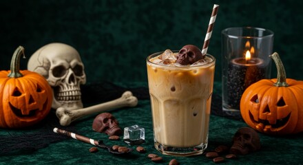 Halloween iced coffee with skull chocolate
