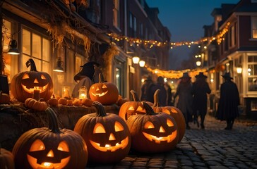 Halloween Pumpkin Display on Vintage Urban Street at Golden Hour with Fog, Carved Jack O’Lantern, String Lights and Autumn Market Atmosphere