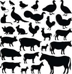 Silhouettes of farm animals including cows, pigs, donkeys, chickens, roosters, rabbits, cats, mice, birds, and various livestock shapes