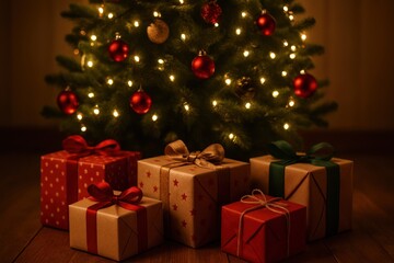 Festive Christmas gifts under tree.
