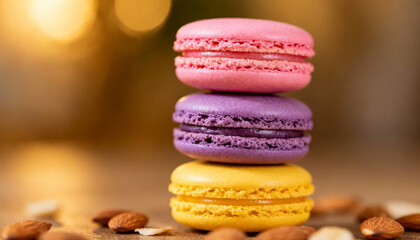 colorful macaroons on wooden table