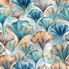 Seamless watercolor pattern of ginkgo biloba leaves. Tranquil blue and orange botanical background. Elegant nature illustration for modern textile and wallpaper design.