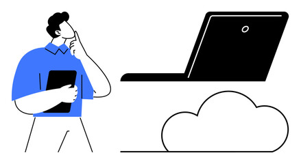 Person thinking, holding tablet near laptop and cloud. Ideal for technology, cloud computing, innovation, connectivity, remote work, data storage strategy. Minimalist flat metaphor
