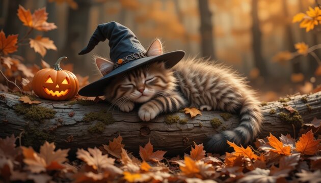 Adorable Kitten in Witch Hat Sleeping on Autumn Log with Jack-o'-Lantern