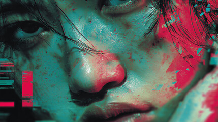 A fragment of a face with wet skin texture, digital artifacts and a surreal combination of red and blue.