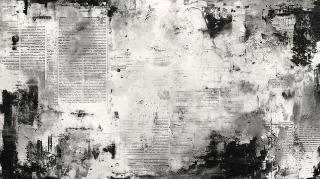Abstract black and white textured composition with newspaper clippings, paint stains, abrasions and chaotic brushstrokes.