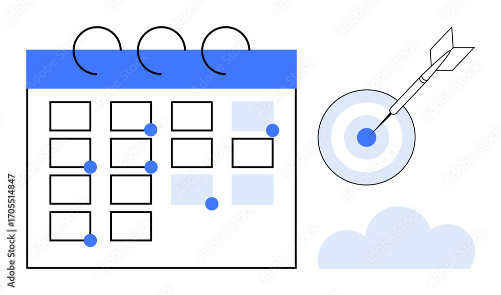 Poster calendar grid with highlighted dates and notes, blue dart hitting bullseye, and cloud element. ideal
