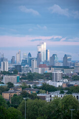 Panoramic view of London's skyline from Parliament Hill.