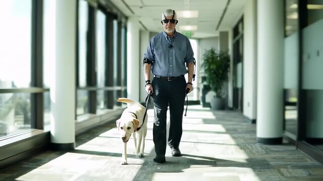 Blind man with guide dog in office.