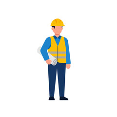 Construction engineer character with blueprints presenting a new architectural project concept