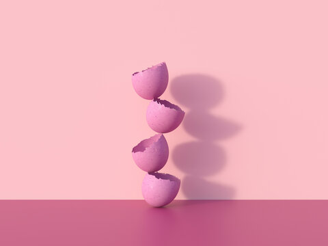 Pink eggshells stacked in balance in minimalist conceptual 3d rendering