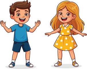 Happy cartoon boy and girl standing smiling, kids wearing casual clothes, cheerful children, playful pose, childhood joy, friendship, positive emotions, bright characters