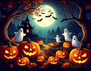 Spooky Halloween scene with ghosts and jack-o'-lanterns