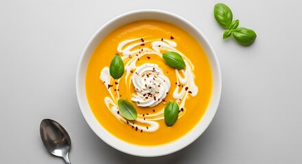 Creamy Carrot Soup with Whipped Cream and Basil.
