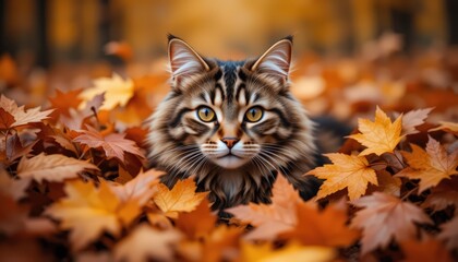 Majestic Maine Coon Cat Amidst Autumn Leaves