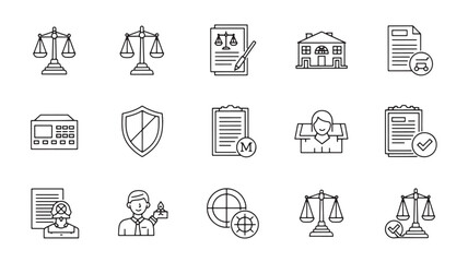 Law, Justice, Legal Icons Outline Vector Illustration Set
