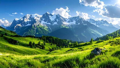 Fototapeta premium Majestic Mountain Landscape with Lush Green Meadow and Snow-Capped Peaks.