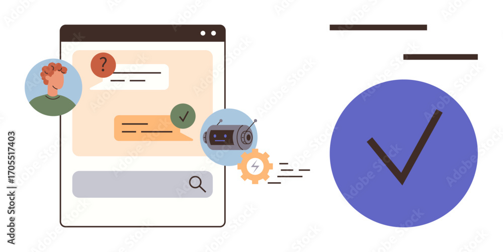 Poster chat interface with user, messages, and chatbot icon. blue checkmark signifies verification. ideal f