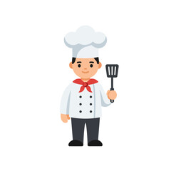 Cartoon chef character in a white uniform holding a spatula. Professional male cook illustration
