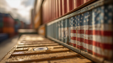 Close up of shipping containers with american flag design in a blurred background