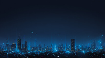 Night lights, a city of modern business and smart digital innovation with a network of interconnected rewards over the cityscape of the future smart wireless digital city and social media network