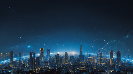 Night lights, a city of modern business and smart digital innovation with a network of interconnected rewards over the cityscape of the future smart wireless digital city and social media network