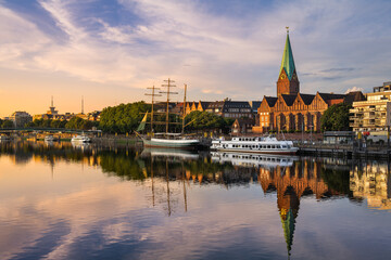 Sunset at Schlachte on the Weser river in the old town of Bremen, Germany