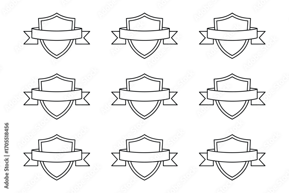 Aufkleber nine shields with banners in a repeating pattern on a white background in a simple black outline sty