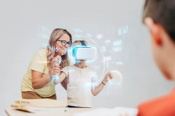 Teacher guiding student with virtual reality headset in modern classroom