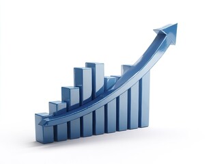 3D bar graph with rising arrow,  showing upward trend