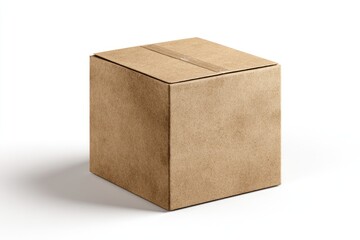 Square cardboard box, light brown, sealed with tape, on white background