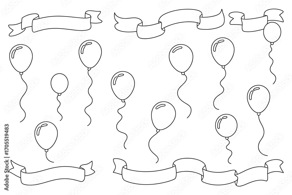 Poster a collection of line art featuring balloons with strings and decorative banners on a white backgroun