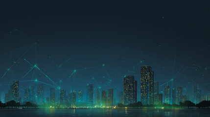 Night lights, a city of modern business and smart digital innovation with a network of interconnected rewards over the cityscape of the future smart wireless digital city and social media network