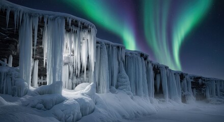 Frozen landscape featuring icicles hanging from a structure under a vibrant display of green and purple aurora borealis in the night sky.