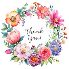 Colorful floral wreath with "Thank You" text. A vibrant watercolor frame for greeting cards. A beautiful hand-painted arrangement of spring flowers for a note of appreciation.