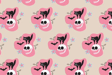 Minimal Line Art Halloween Seamless Pattern clean line art modern sketch style seamless pattern suited for modern Halloween textiles, home decor, backgrounds.