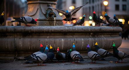 A group of pigeons with colorful hats gathered around a fountain in an urban setting during twilight. The scene captures the playful interaction of the birds.