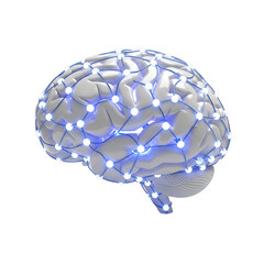 Abstract brain network with glowing blue lights and connections isolated on transparent background