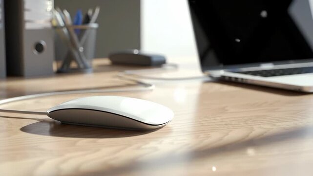 Office desk scene with laptop, mouse, and office supplies. Desk workspace for business, technology, and communication concepts.