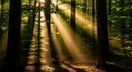 Obraz premium Sunlight Filtering Through Forest Canopy.