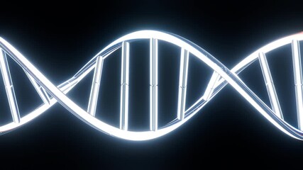 Loopable futuristic 3d animation for science, medical or biotechnology. Abstract rotation DNA double helix remix from neon chrome or glass material isolated on black background. - Powered by Adobe