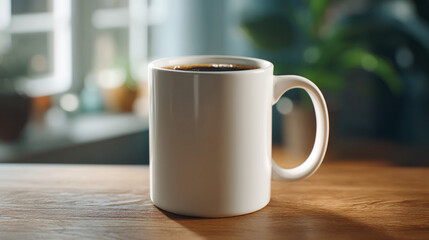 A white ceramic mug filled with dark liquid sits on a wooden table near a window indoors