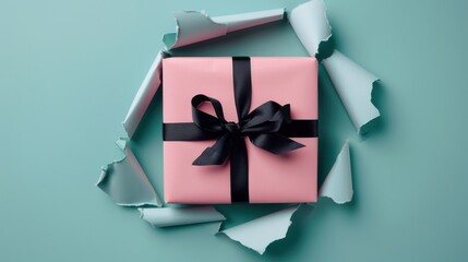 Elegant pink gift box with black ribbon amidst torn blue paper unveiling surprise