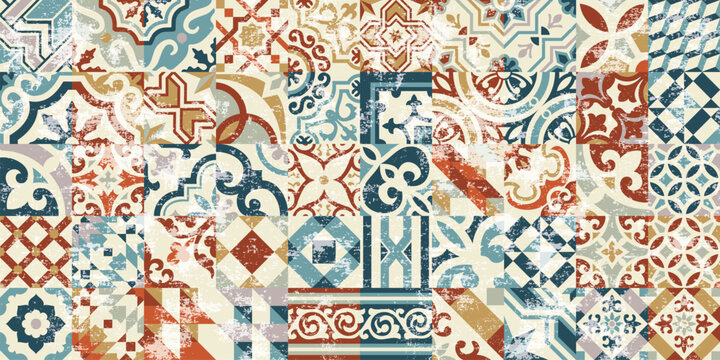 Encaustic cement hydraulic tiles patchwork wallpaper vector seamless pattern for fabric cloth rug carpet pillow tablecloth grunge effect in separate layer