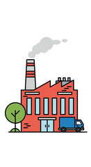 Factory building with smoking chimney and delivery truck.