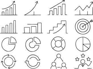 Hand-drawn business icons and graphs for data analysis illustration