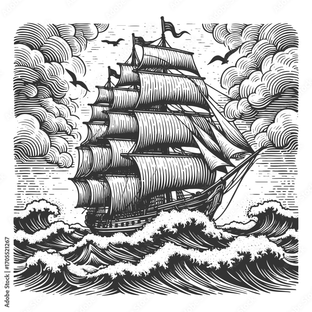 Aufkleber tall sailing ship navigating stormy waves with dramatic clouds and flying seabirds in retro style sk