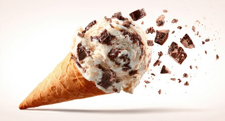 Ice cream cone with chocolate chunks in motion